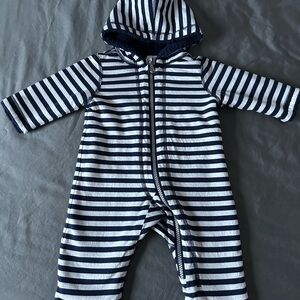 Hanna Andersson Striped Navy and White Hooded Footie